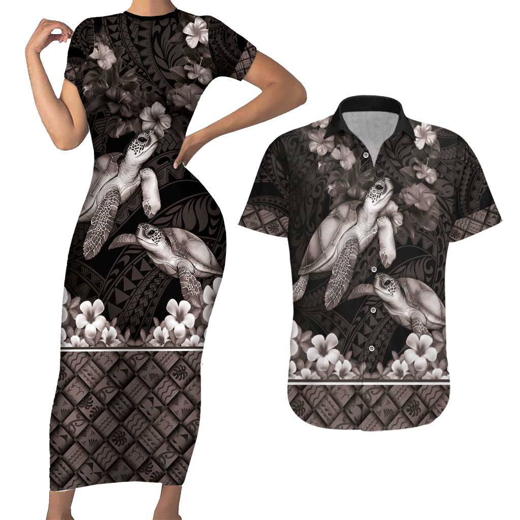Hawaiian Lei Turtle and Plumeria Couples Matching Short Sleeve Bodycon Dress and Hawaiian Shirt Polynerian Art Tattoo-Grayscale Mode