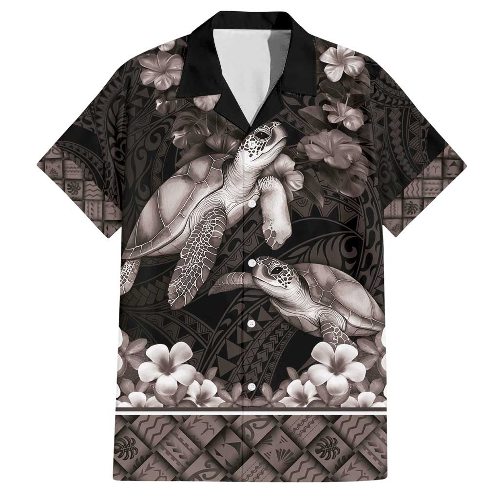 Hawaiian Lei Turtle and Plumeria Family Matching Long Sleeve Bodycon Dress and Hawaiian Shirt Polynerian Art Tattoo-Grayscale Mode