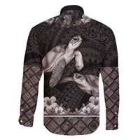 Hawaiian Lei Turtle and Plumeria Family Matching Long Sleeve Bodycon Dress and Hawaiian Shirt Polynerian Art Tattoo-Grayscale Mode