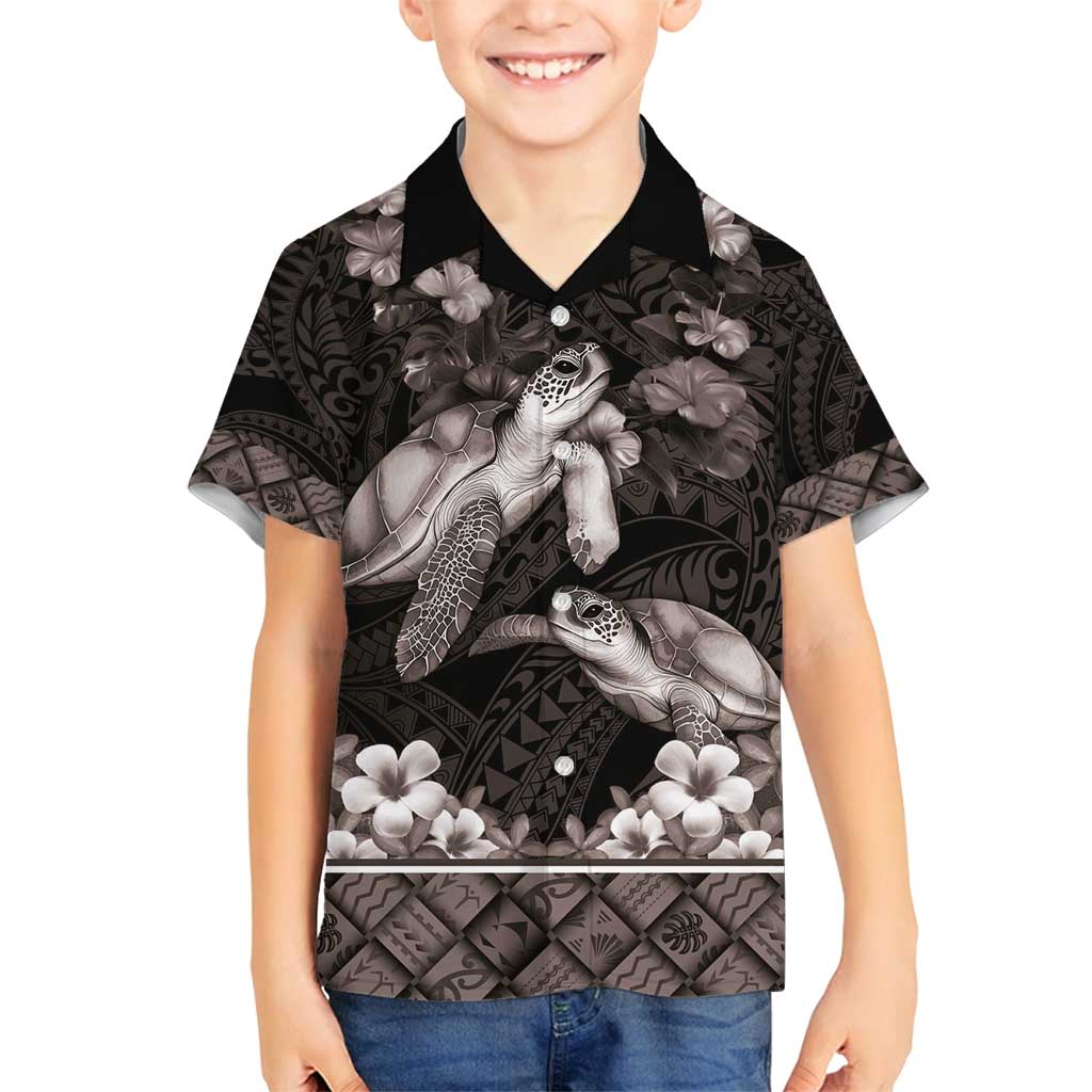 Hawaiian Lei Turtle and Plumeria Family Matching Long Sleeve Bodycon Dress and Hawaiian Shirt Polynerian Art Tattoo-Grayscale Mode