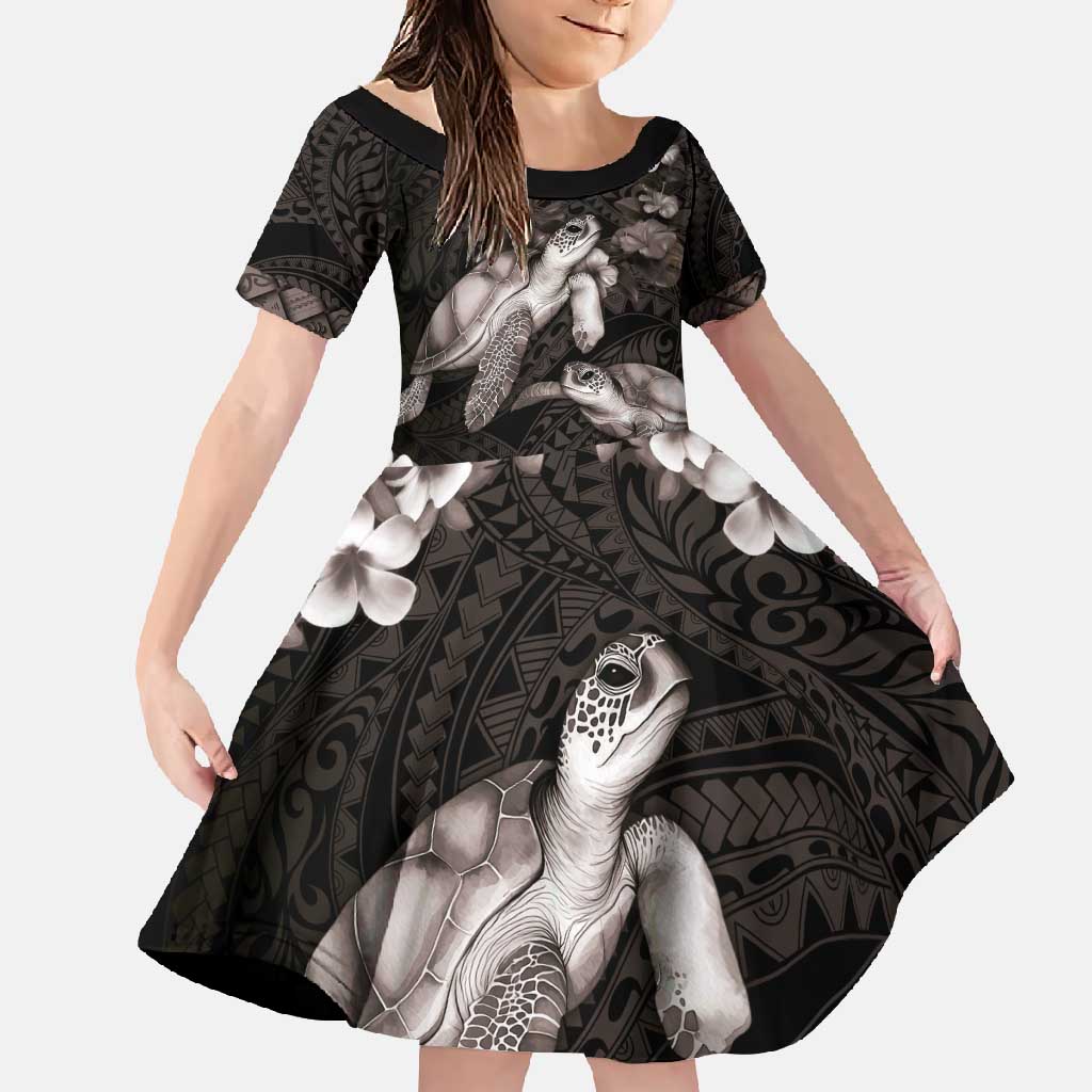 Hawaiian Lei Turtle and Plumeria Family Matching Mermaid Dress and Hawaiian Shirt Polynerian Art Tattoo-Grayscale Mode LT03 Daughter's Dress Black - Polynesian Pride