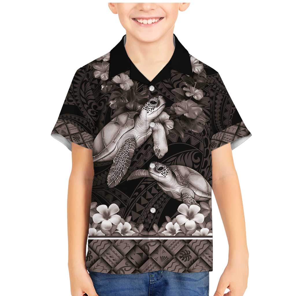 Hawaiian Lei Turtle and Plumeria Family Matching Mermaid Dress and Hawaiian Shirt Polynerian Art Tattoo-Grayscale Mode LT03 Son's Shirt Black - Polynesian Pride
