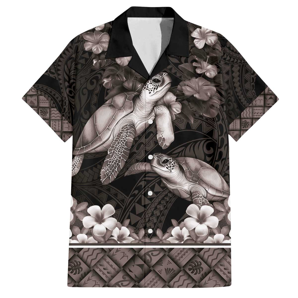 Hawaiian Lei Turtle and Plumeria Family Matching Off The Shoulder Long Sleeve Dress and Hawaiian Shirt Polynerian Art Tattoo-Grayscale Mode