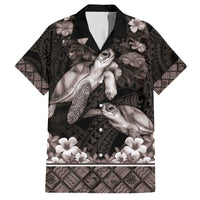 Hawaiian Lei Turtle and Plumeria Family Matching Off The Shoulder Long Sleeve Dress and Hawaiian Shirt Polynerian Art Tattoo-Grayscale Mode