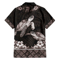 Hawaiian Lei Turtle and Plumeria Family Matching Off The Shoulder Long Sleeve Dress and Hawaiian Shirt Polynerian Art Tattoo-Grayscale Mode