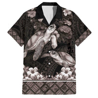 Hawaiian Lei Turtle and Plumeria Family Matching Off Shoulder Maxi Dress and Hawaiian Shirt Polynerian Art Tattoo-Grayscale Mode LT03 Dad's Shirt - Short Sleeve Black - Polynesian Pride