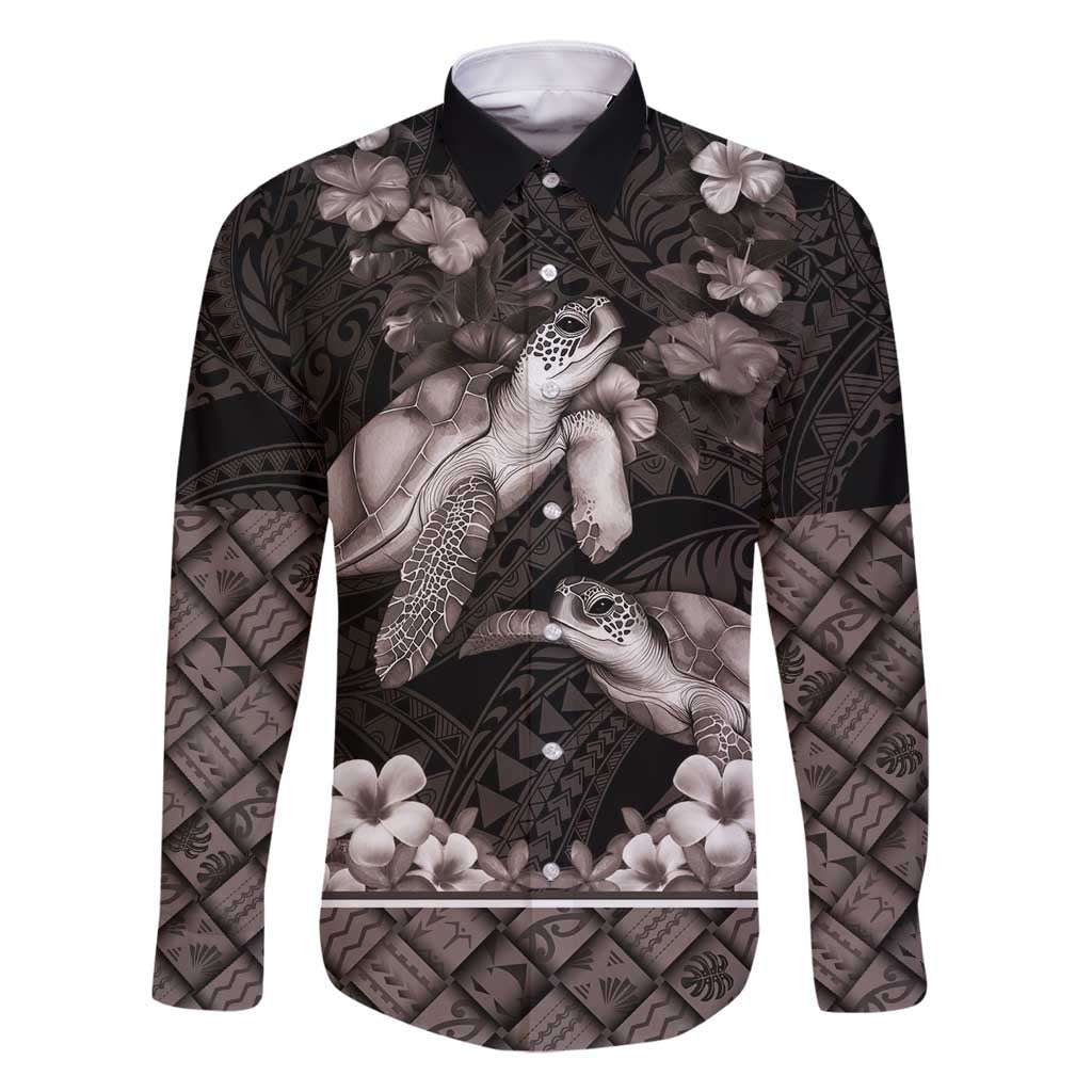Hawaiian Lei Turtle and Plumeria Family Matching Off Shoulder Maxi Dress and Hawaiian Shirt Polynerian Art Tattoo-Grayscale Mode LT03 Dad's Shirt - Long Sleeve Black - Polynesian Pride