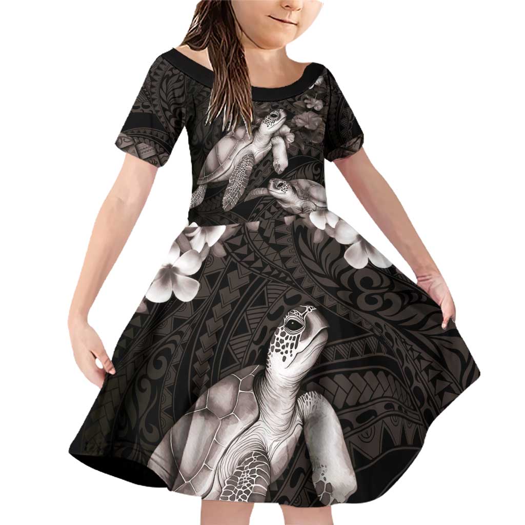 Hawaiian Lei Turtle and Plumeria Family Matching Off Shoulder Short Dress and Hawaiian Shirt Polynerian Art Tattoo-Grayscale Mode