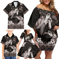 Hawaiian Lei Turtle and Plumeria Family Matching Off Shoulder Short Dress and Hawaiian Shirt Polynerian Art Tattoo-Grayscale Mode
