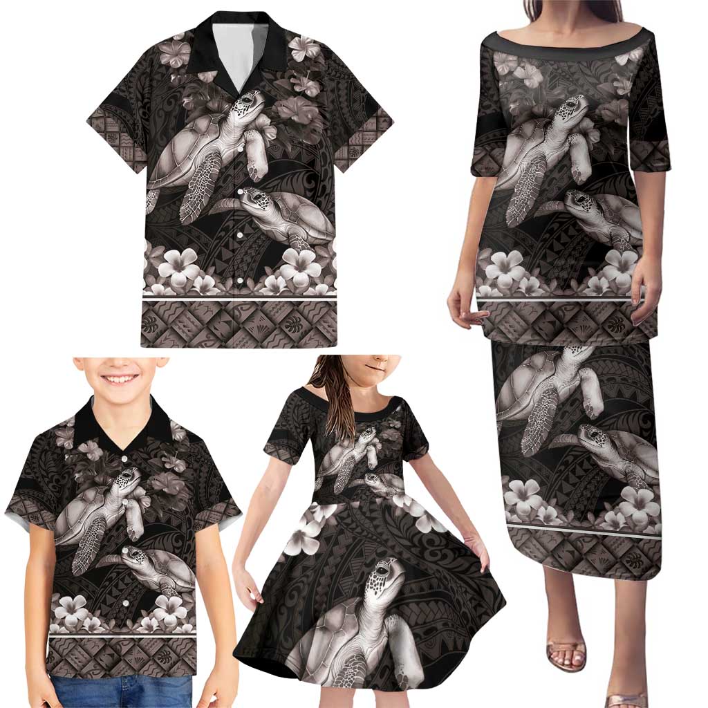 Hawaiian Lei Turtle and Plumeria Family Matching Puletasi and Hawaiian Shirt Polynerian Art Tattoo-Grayscale Mode LT03 - Polynesian Pride