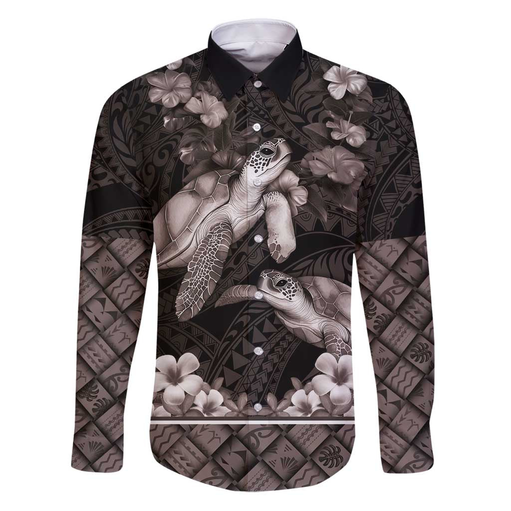 Hawaiian Lei Turtle and Plumeria Family Matching Puletasi and Hawaiian Shirt Polynerian Art Tattoo-Grayscale Mode LT03 Dad's Shirt - Long Sleeve Black - Polynesian Pride