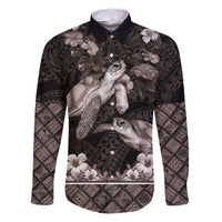 Hawaiian Lei Turtle and Plumeria Family Matching Puletasi and Hawaiian Shirt Polynerian Art Tattoo-Grayscale Mode LT03 Dad's Shirt - Long Sleeve Black - Polynesian Pride