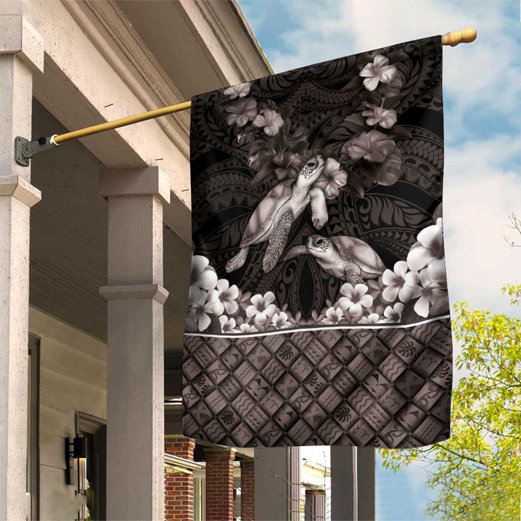 Hawaiian Lei Turtle and Plumeria Garden Flag Polynerian Art Tattoo-Grayscale Mode LT03 House Flag Black - Polynesian Pride
