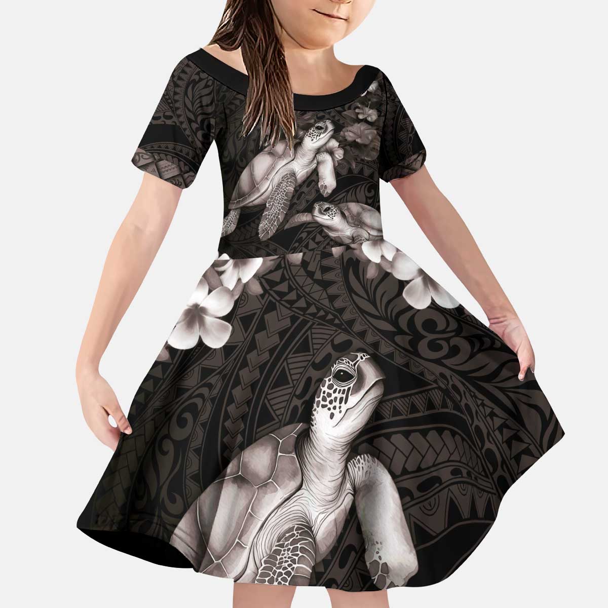 Hawaiian Lei Turtle and Plumeria Kid Short Sleeve Dress Polynerian Art Tattoo-Grayscale Mode