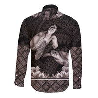 Hawaiian Lei Turtle and Plumeria Long Sleeve Button Shirt Polynerian Art Tattoo-Grayscale Mode LT03 - Polynesian Pride