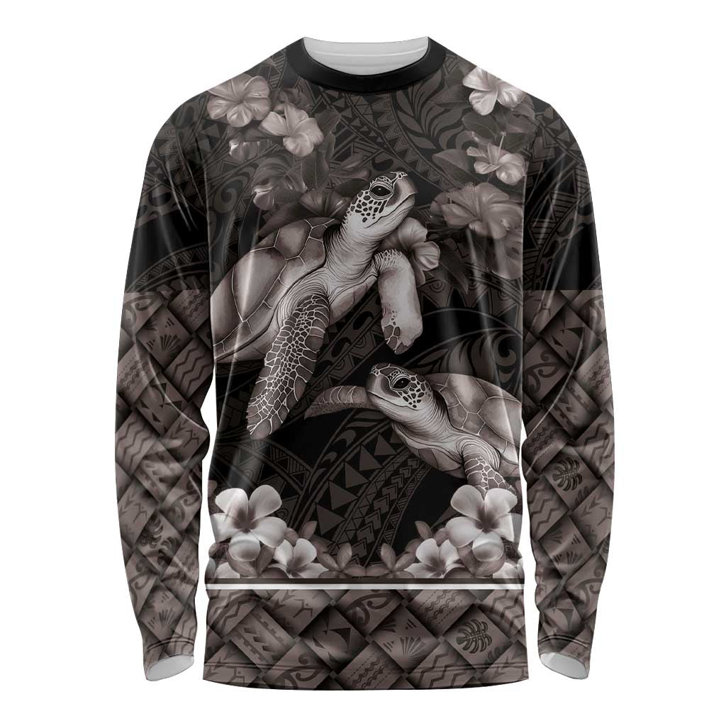 Hawaiian Lei Turtle and Plumeria Long Sleeve Shirt Polynerian Art Tattoo-Grayscale Mode LT03 Unisex Black - Polynesian Pride