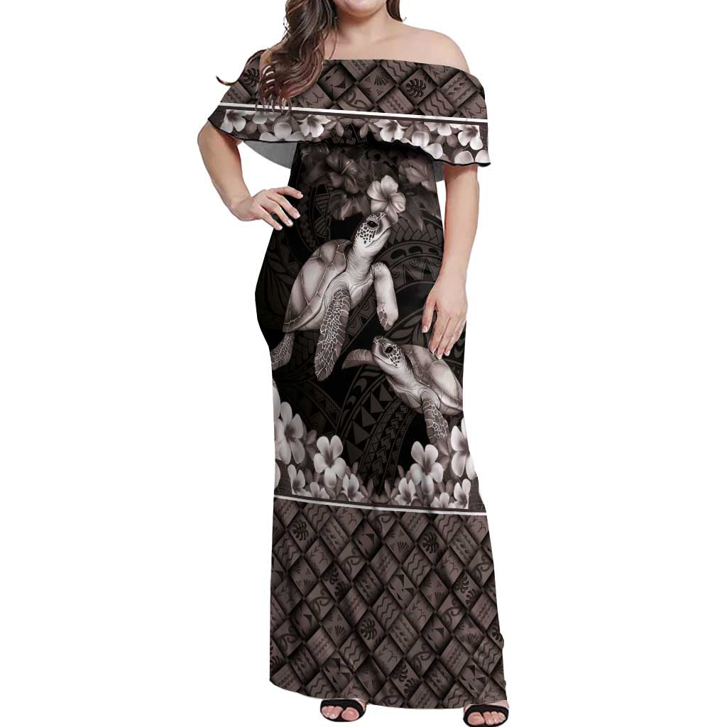 Hawaiian Lei Turtle and Plumeria Off Shoulder Maxi Dress Polynerian Art Tattoo-Grayscale Mode LT03 Women Black - Polynesian Pride