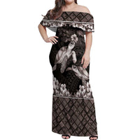 Hawaiian Lei Turtle and Plumeria Off Shoulder Maxi Dress Polynerian Art Tattoo-Grayscale Mode LT03 Women Black - Polynesian Pride