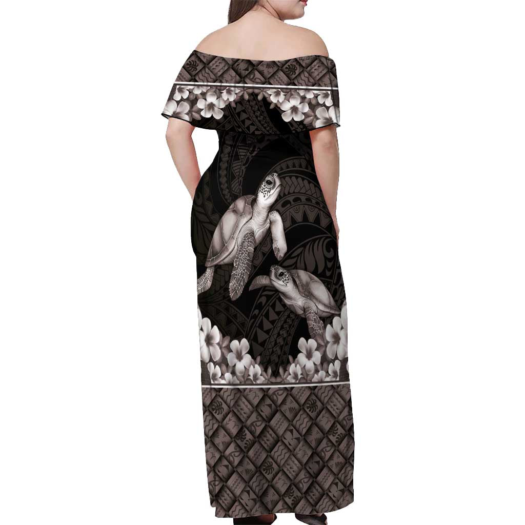 Hawaiian Lei Turtle and Plumeria Off Shoulder Maxi Dress Polynerian Art Tattoo-Grayscale Mode LT03 - Polynesian Pride