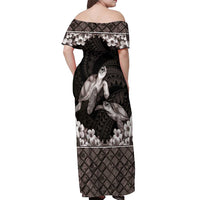 Hawaiian Lei Turtle and Plumeria Off Shoulder Maxi Dress Polynerian Art Tattoo-Grayscale Mode LT03 - Polynesian Pride