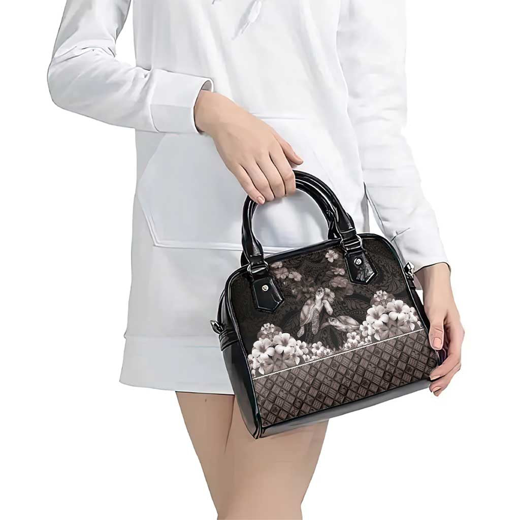 Hawaiian Lei Turtle and Plumeria Shoulder Handbag Polynerian Art Tattoo-Grayscale Mode