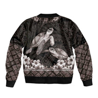 Hawaiian Lei Turtle and Plumeria Sleeve Zip Bomber Jacket Polynerian Art Tattoo-Grayscale Mode