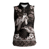 Hawaiian Lei Turtle and Plumeria Women Sleeveless Polo Shirt Polynerian Art Tattoo-Grayscale Mode LT03 Female Black - Polynesian Pride