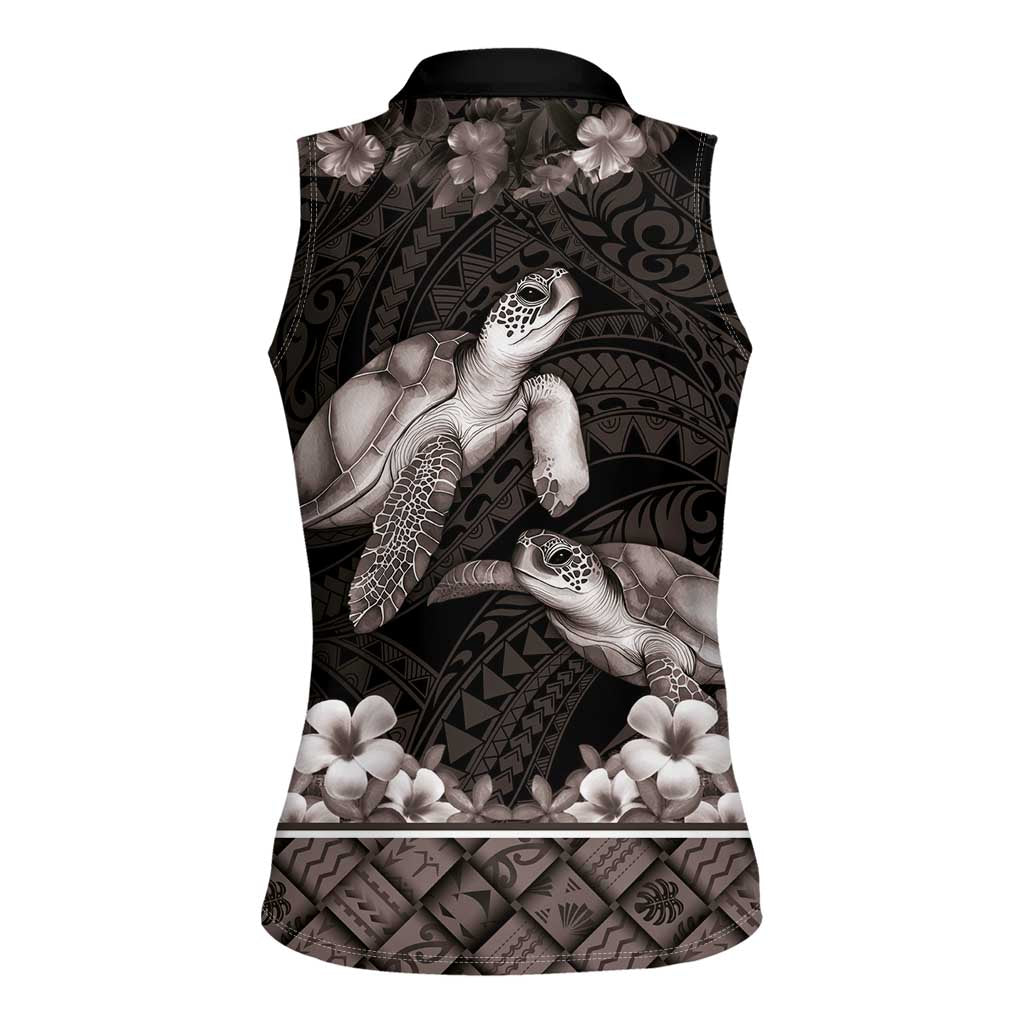 Hawaiian Lei Turtle and Plumeria Women Sleeveless Polo Shirt Polynerian Art Tattoo-Grayscale Mode LT03 - Polynesian Pride