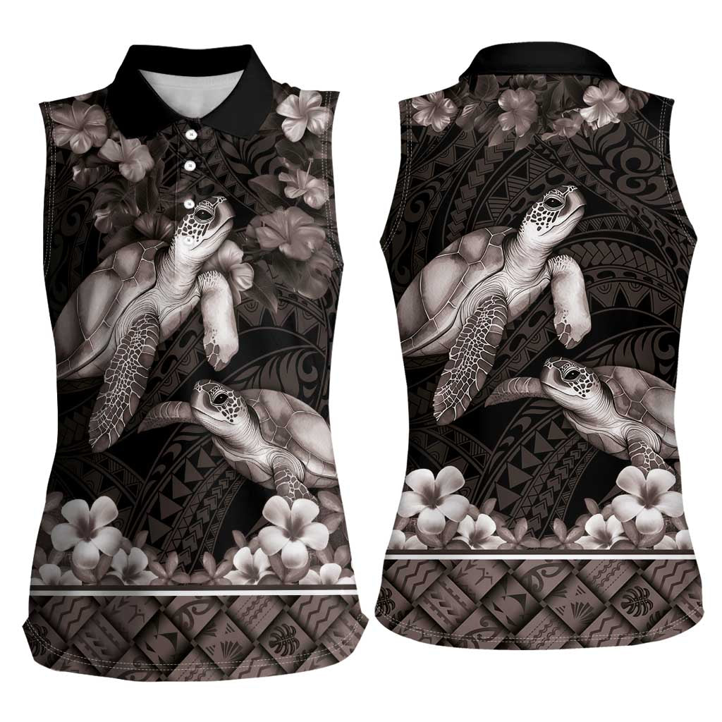 Hawaiian Lei Turtle and Plumeria Women Sleeveless Polo Shirt Polynerian Art Tattoo-Grayscale Mode LT03 - Polynesian Pride