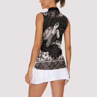 Hawaiian Lei Turtle and Plumeria Women Sleeveless Polo Shirt Polynerian Art Tattoo-Grayscale Mode LT03 - Polynesian Pride