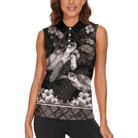 Hawaiian Lei Turtle and Plumeria Women Sleeveless Polo Shirt Polynerian Art Tattoo-Grayscale Mode LT03 - Polynesian Pride