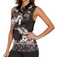 Hawaiian Lei Turtle and Plumeria Women Sleeveless Polo Shirt Polynerian Art Tattoo-Grayscale Mode LT03 - Polynesian Pride
