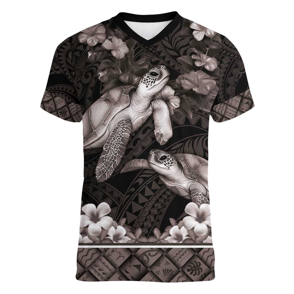 Hawaiian Lei Turtle and Plumeria Women V-Neck T-Shirt Polynerian Art Tattoo-Grayscale Mode LT03 Female Black - Polynesian Pride