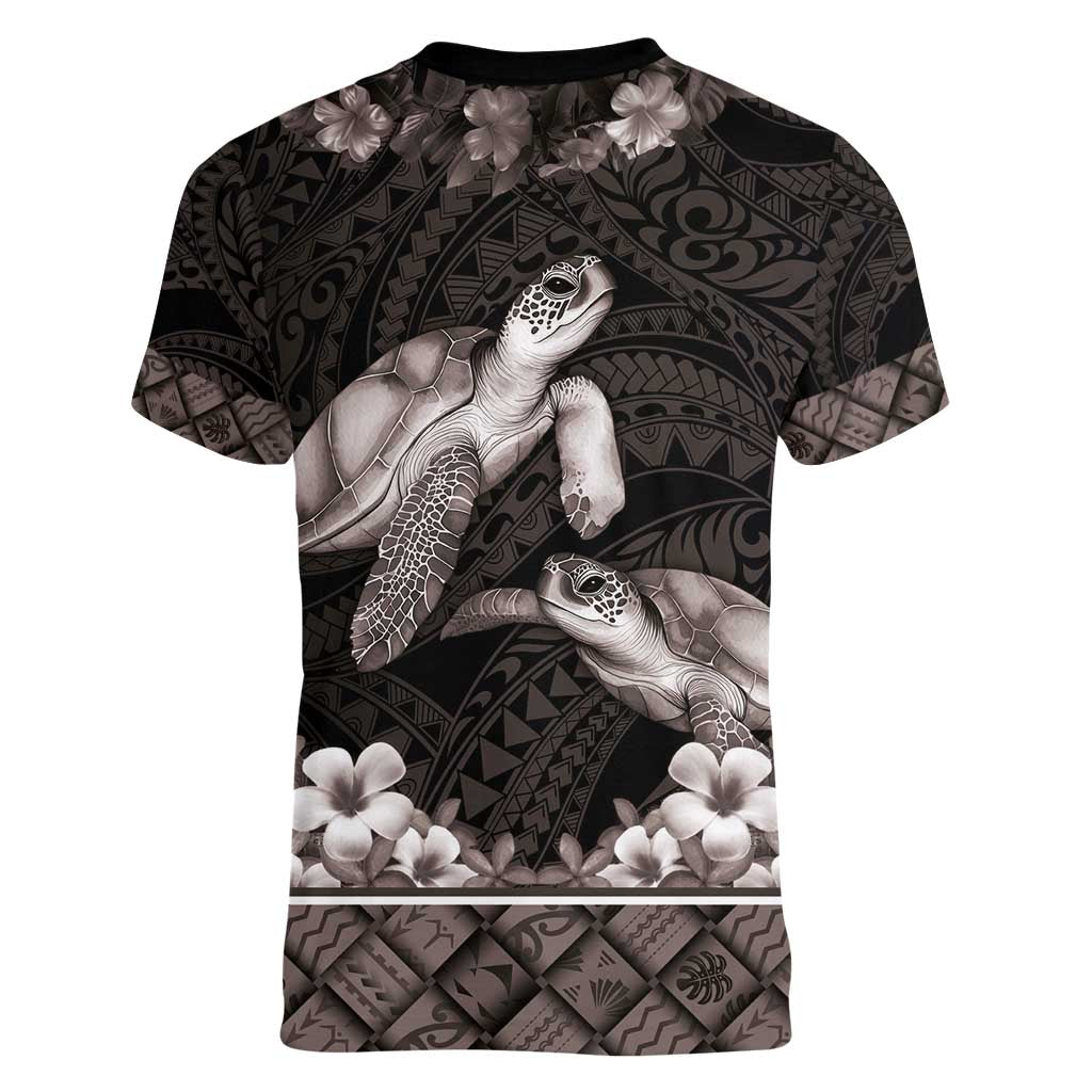 Hawaiian Lei Turtle and Plumeria Women V-Neck T-Shirt Polynerian Art Tattoo-Grayscale Mode LT03 - Polynesian Pride