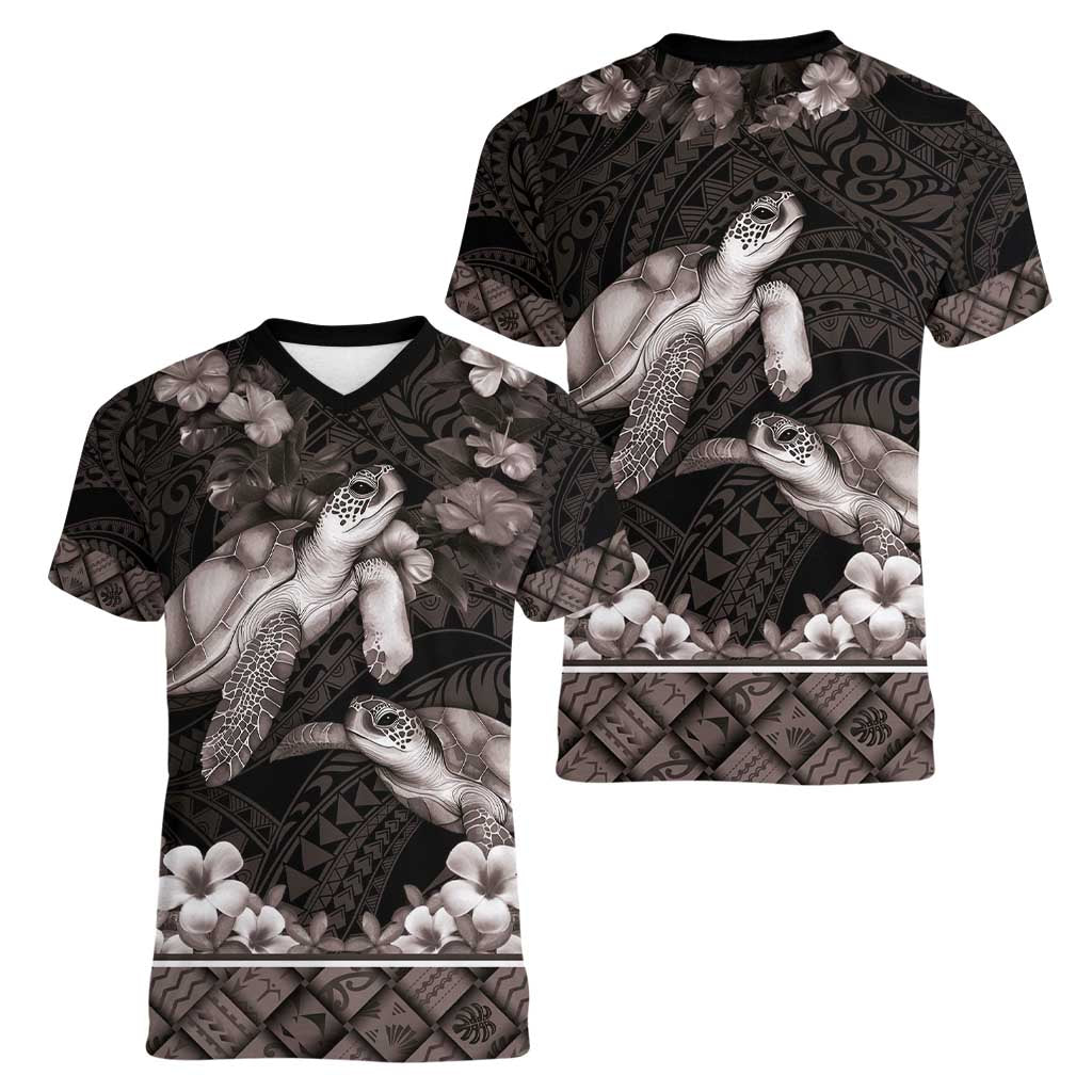 Hawaiian Lei Turtle and Plumeria Women V-Neck T-Shirt Polynerian Art Tattoo-Grayscale Mode LT03 - Polynesian Pride