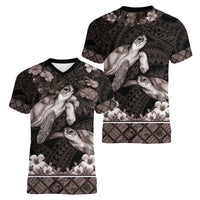 Hawaiian Lei Turtle and Plumeria Women V-Neck T-Shirt Polynerian Art Tattoo-Grayscale Mode LT03 - Polynesian Pride