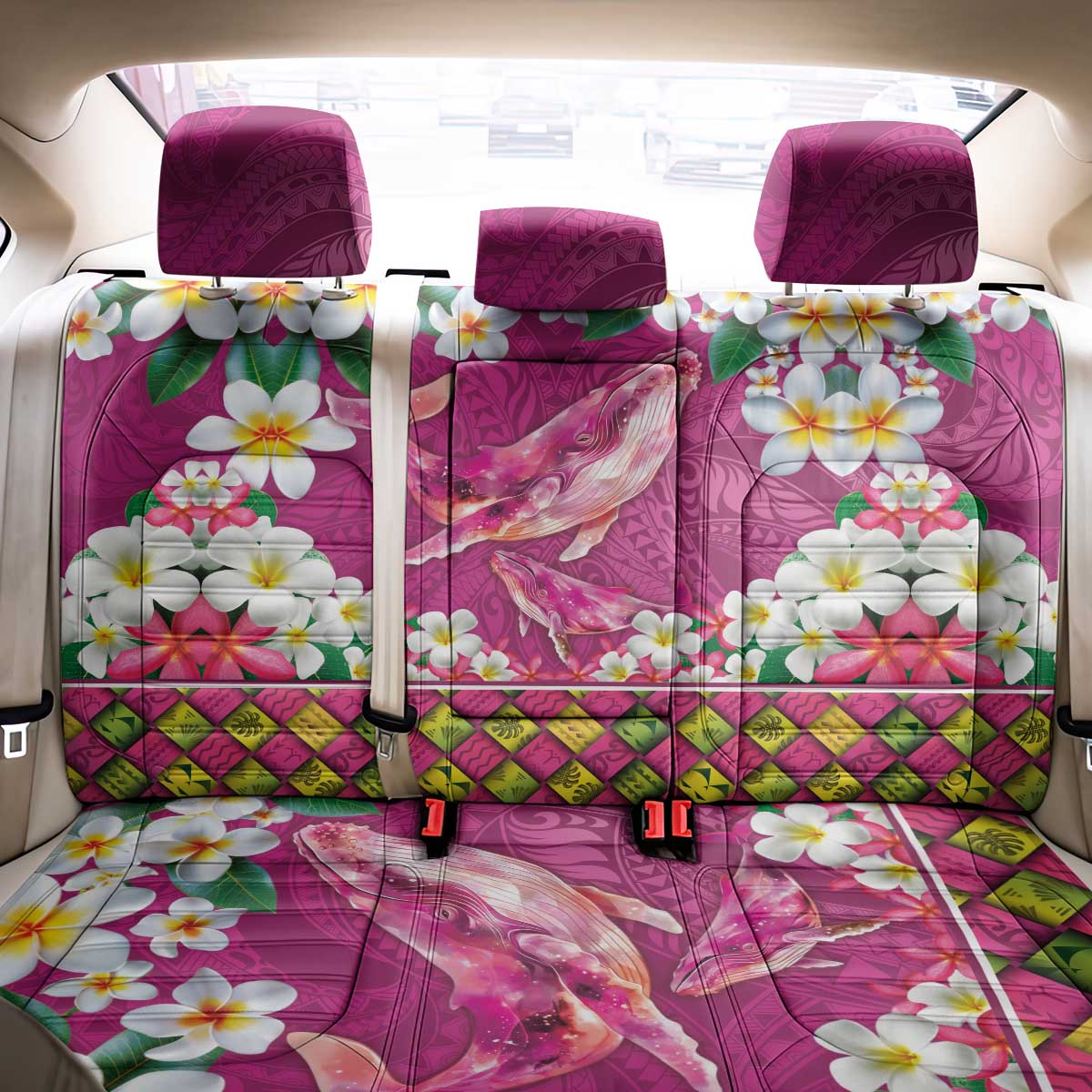 Hawaiian Plumeria and Humpback Whales Back Car Seat Cover Polynerian Art Tattoo-Plum Pink Color LT03 - Polynesian Pride