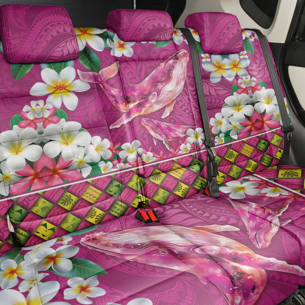 Hawaiian Plumeria and Humpback Whales Back Car Seat Cover Polynerian Art Tattoo-Plum Pink Color LT03 - Polynesian Pride