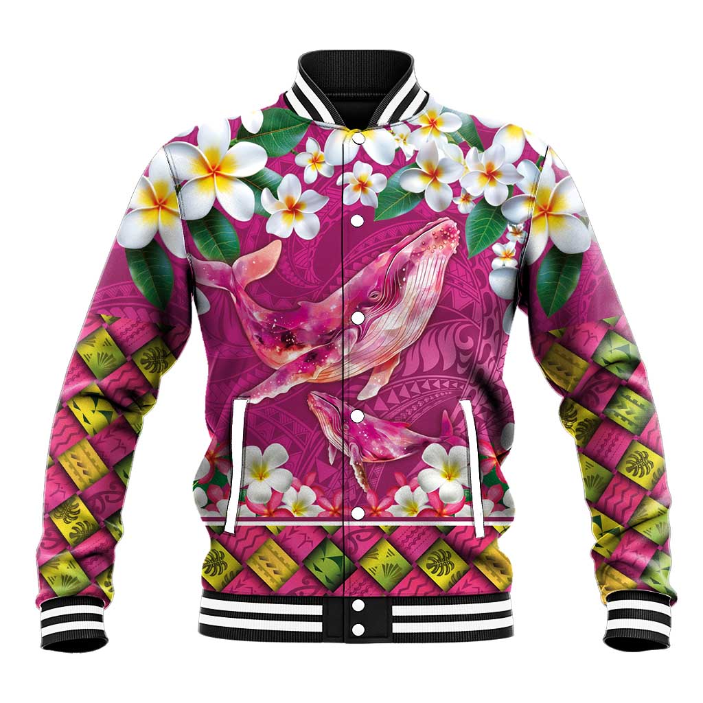 Hawaiian Plumeria and Humpback Whales Baseball Jacket Polynerian Art Tattoo-Plum Pink Color LT03 Unisex Pink - Polynesian Pride