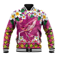 Hawaiian Plumeria and Humpback Whales Baseball Jacket Polynerian Art Tattoo-Plum Pink Color LT03 Unisex Pink - Polynesian Pride