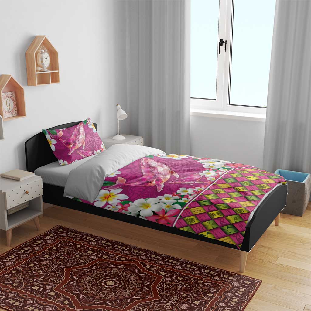 Hawaiian Plumeria and Humpback Whales Bedding Set Polynerian Art Tattoo-Plum Pink Color