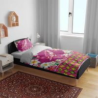 Hawaiian Plumeria and Humpback Whales Bedding Set Polynerian Art Tattoo-Plum Pink Color
