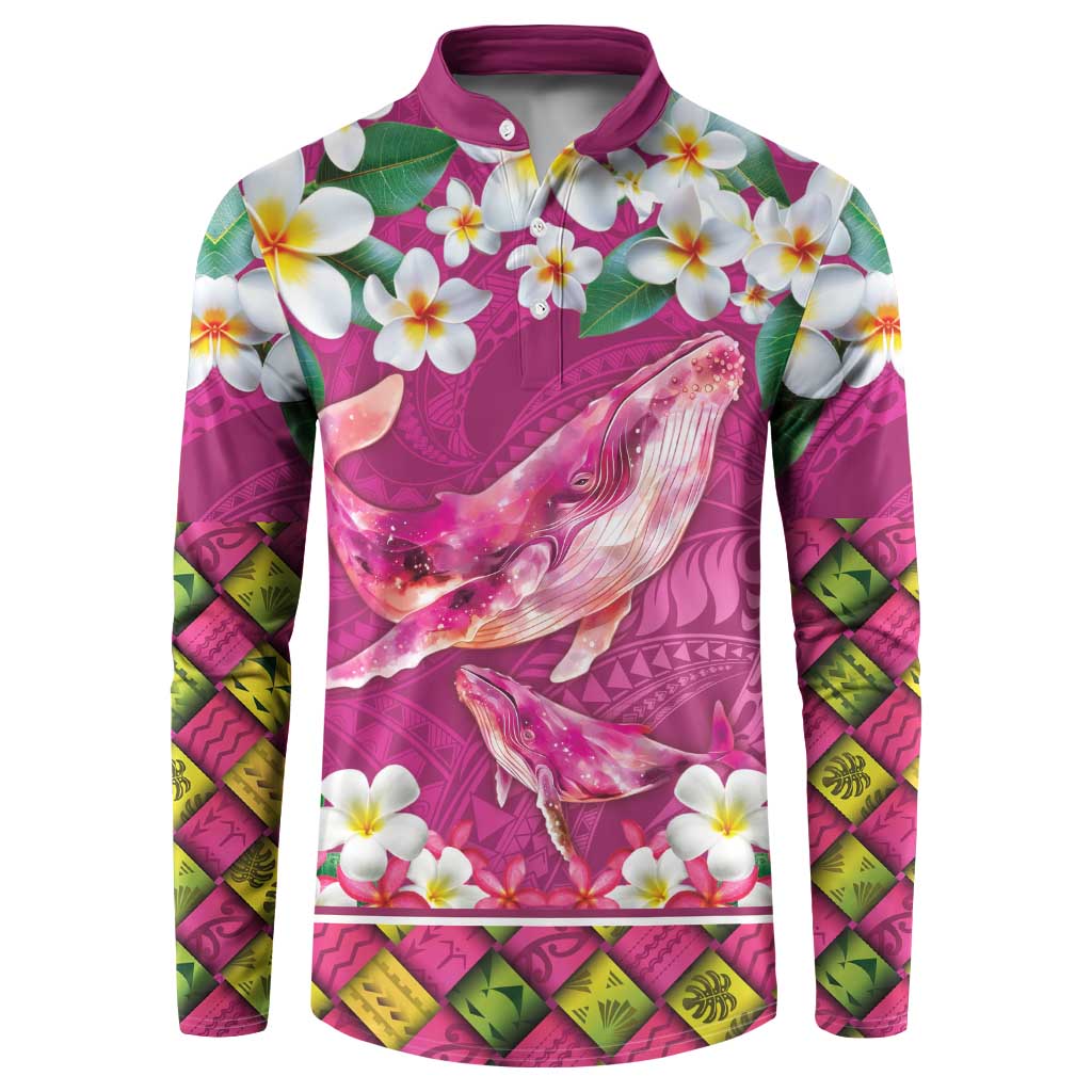 Hawaiian Plumeria and Humpback Whales Button Sweatshirt Polynerian Art Tattoo-Plum Pink Color