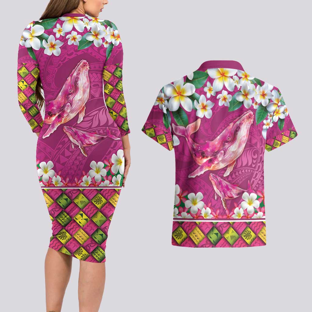 Hawaiian Plumeria and Humpback Whales Couples Matching Long Sleeve Bodycon Dress and Hawaiian Shirt Polynerian Art Tattoo-Plum Pink Color