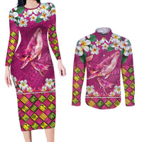 Hawaiian Plumeria and Humpback Whales Couples Matching Long Sleeve Bodycon Dress and Long Sleeve Button Shirt Polynerian Art Tattoo-Plum Pink Color