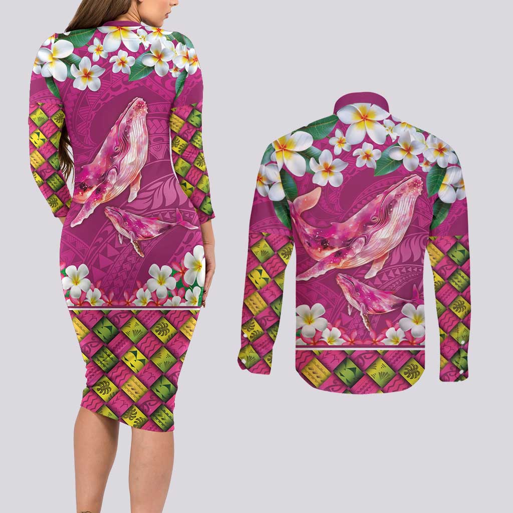 Hawaiian Plumeria and Humpback Whales Couples Matching Long Sleeve Bodycon Dress and Long Sleeve Button Shirt Polynerian Art Tattoo-Plum Pink Color