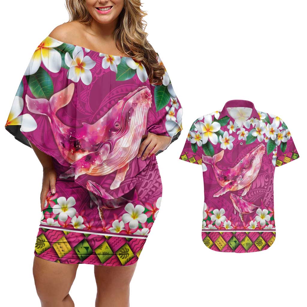 Hawaiian Plumeria and Humpback Whales Couples Matching Off Shoulder Short Dress and Hawaiian Shirt Polynerian Art Tattoo-Plum Pink Color