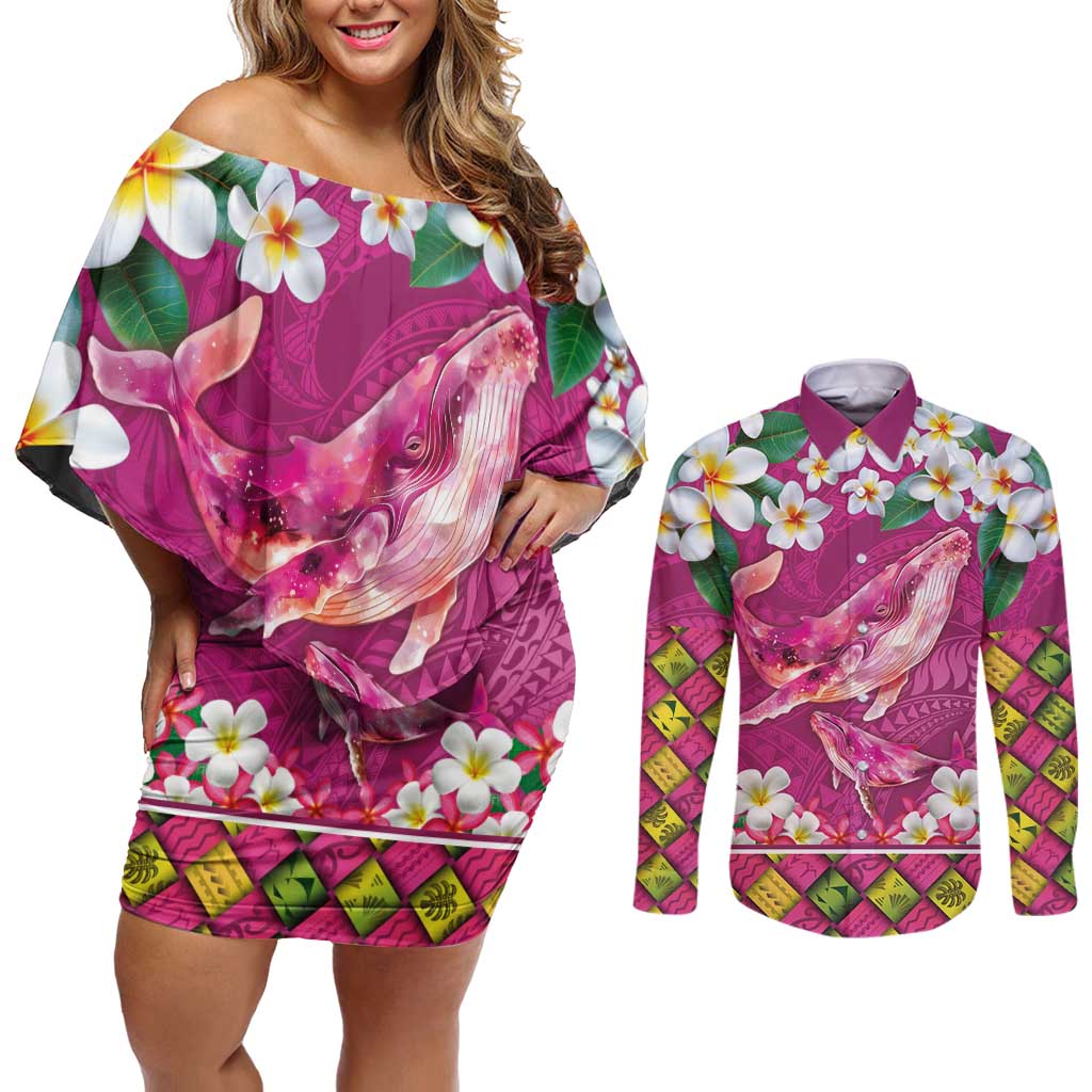 Hawaiian Plumeria and Humpback Whales Couples Matching Off Shoulder Short Dress and Long Sleeve Button Shirt Polynerian Art Tattoo-Plum Pink Color