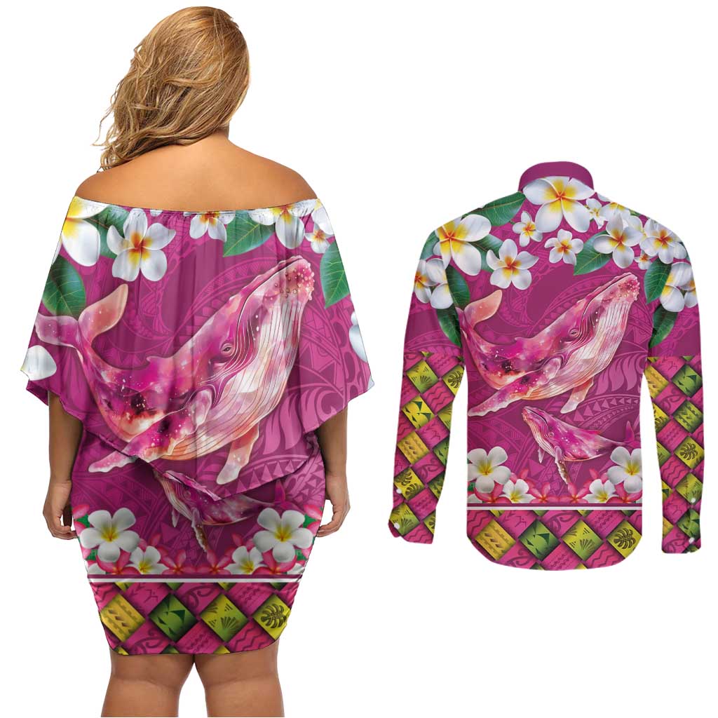 Hawaiian Plumeria and Humpback Whales Couples Matching Off Shoulder Short Dress and Long Sleeve Button Shirt Polynerian Art Tattoo-Plum Pink Color
