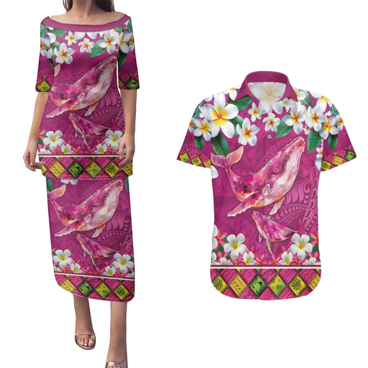 Hawaiian Plumeria and Humpback Whales Couples Matching Puletasi and Hawaiian Shirt Polynerian Art Tattoo-Plum Pink Color LT03 Pink - Polynesian Pride